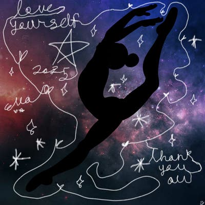 gymnast doing a leap in a leotard with a bent back leg