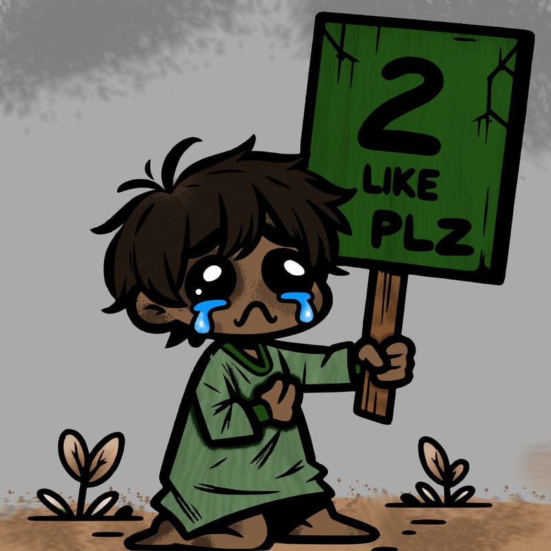 small poor toddler crying with sign that says 2 like plz