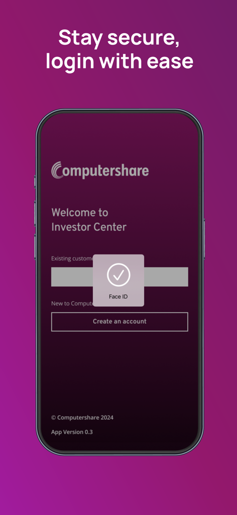 Schermata di accesso dell'app mobile Computershare Investor Center con autenticazione di sicurezza Face ID