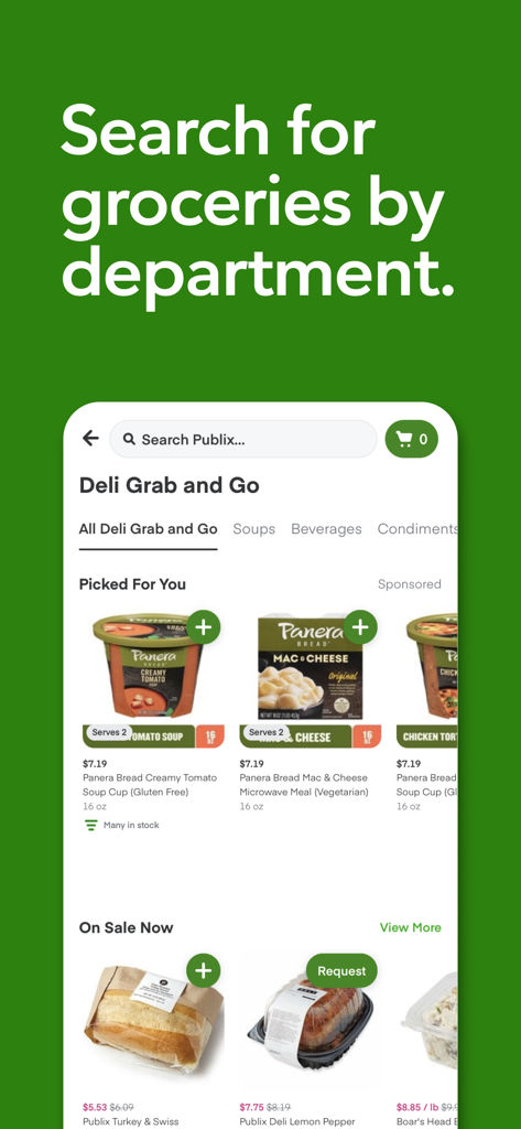 Publix Delivery app interface showing a search for groceries by department with a focus on deli grab and go items and sales.