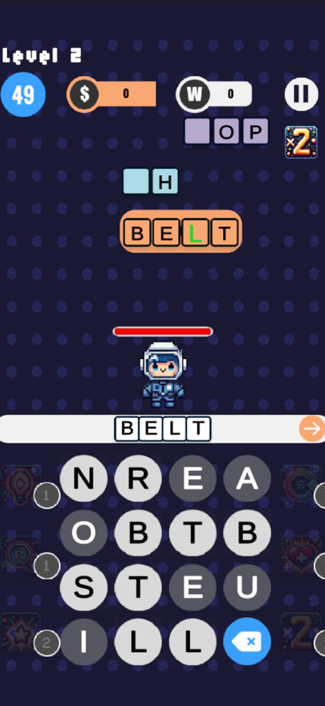 Word Blast: Word Puzzle Games - Pantalla de jugabilidad de Word Blast que muestra un puzzle de palabras y un astronauta de arte de píxeles en un entorno de supervivencia espacial