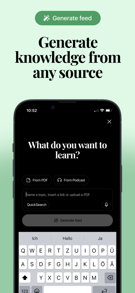 Hivemind: Study by Scrolling - Hivemind app screen showing the interface to generate a custom study feed from PDFs or podcasts