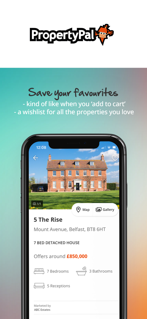 PropertyPal - PropertyPal app screen displaying a detached house listing in Belfast with the save your favourites feature