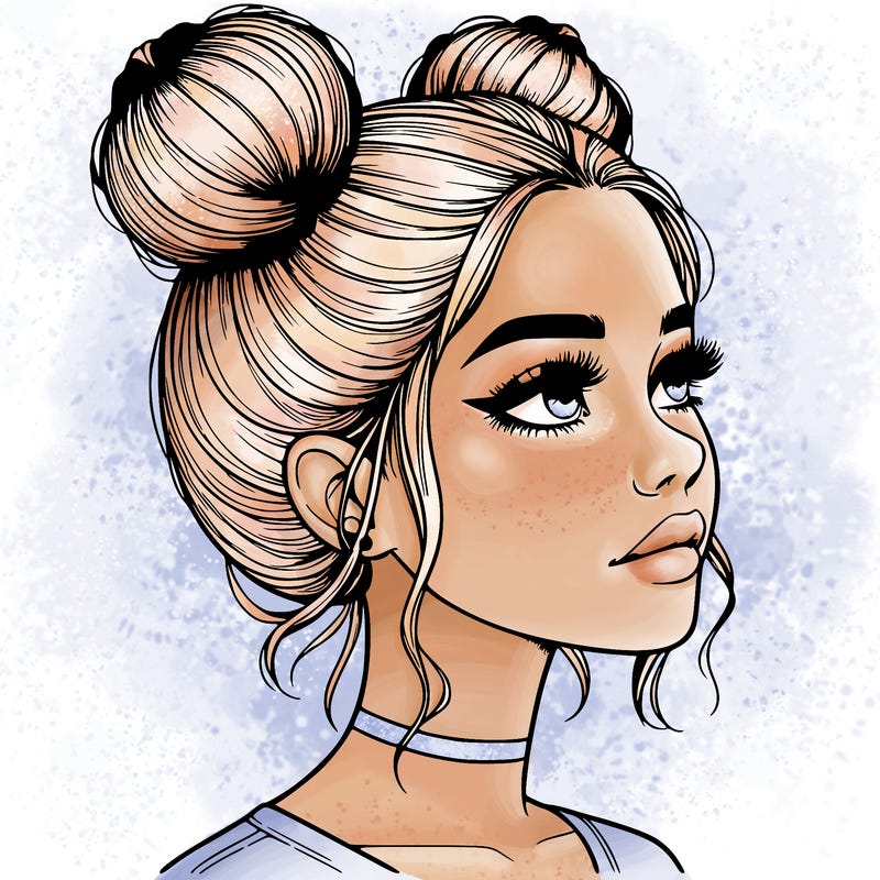 realistic girl with buns on the top of her head