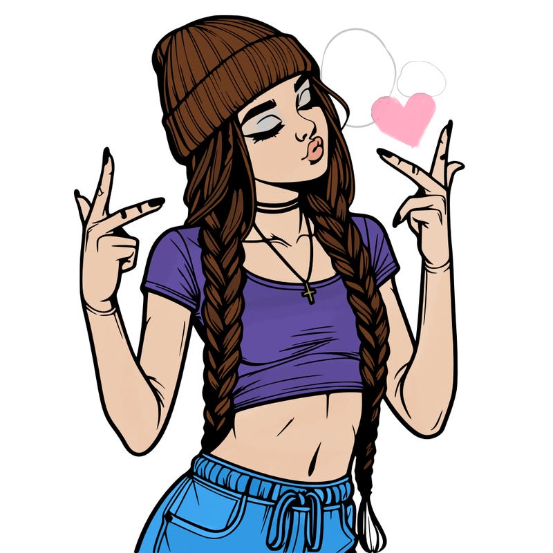 realistic teenage girl with braids and a beanie and crop top doing 🫶🏼