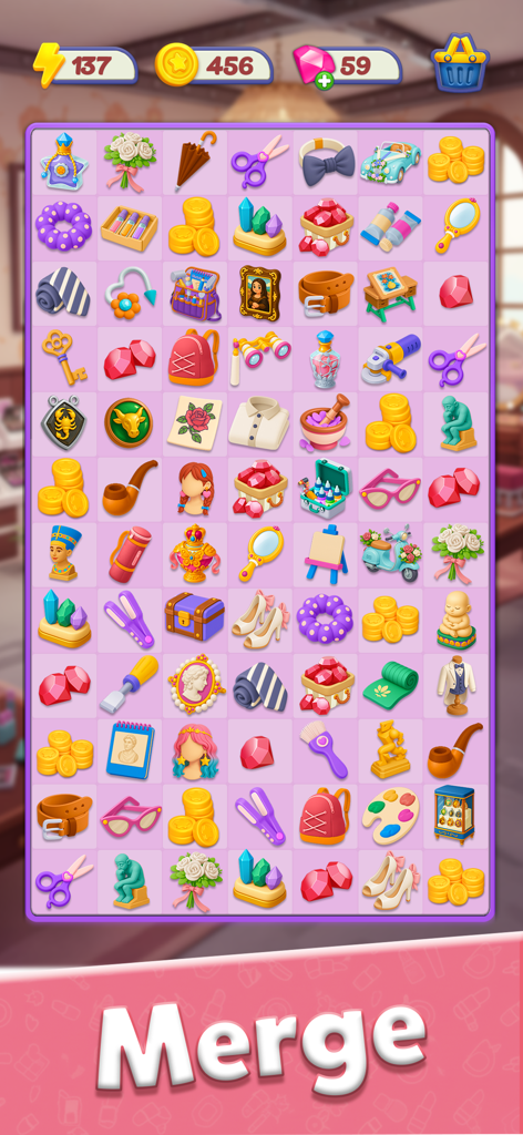 Glow Tales: Merge & Makeover - A merge board grid filled with colorful fashion and beauty items in Glow Tales Merge and Makeover game