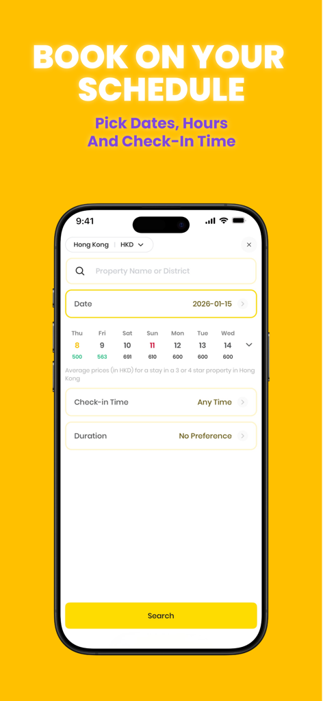 Flow Hotel & Workspace by Hour - Interfaccia dell'app mobile di Flow che mostra la schermata di ricerca per prenotare hotel e spazi di lavoro selezionando data, ora di check-in e durata
