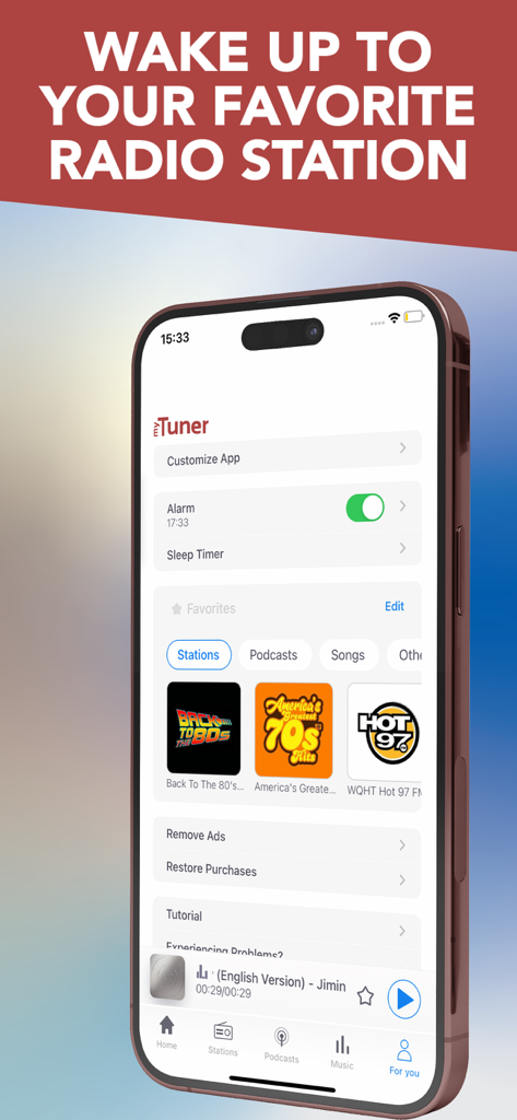 Schermata dell'iPhone che mostra le impostazioni della sveglia e del timer di spegnimento all'interno dell'app myTuner Radio