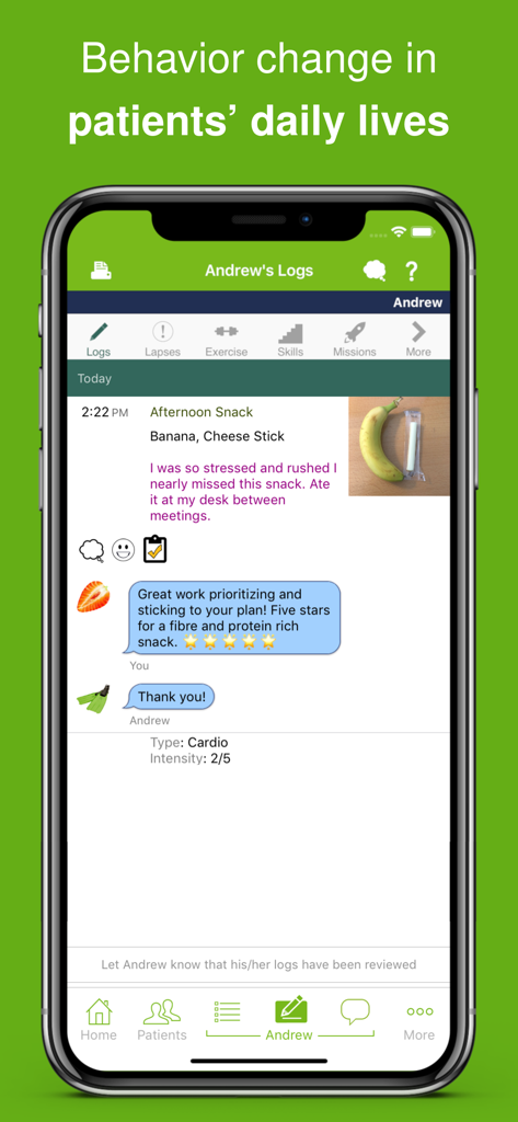 Interface of Nourishly for Clinicians showing a patient food diary entry with clinician feedback and messaging