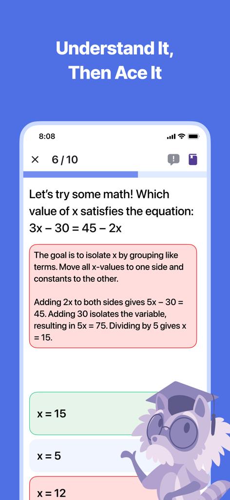 ASVAB Practice Test | 2026 - ASVAB practice test app showing a math equation and step by step explanation
