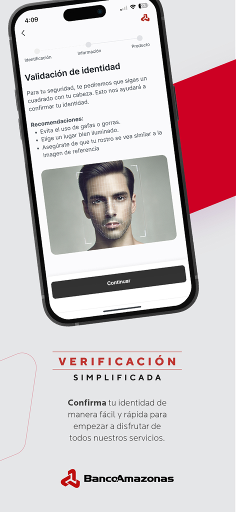 Smartphone screen showing facial recognition for identity verification in the Banco Amazonas mobile banking app.