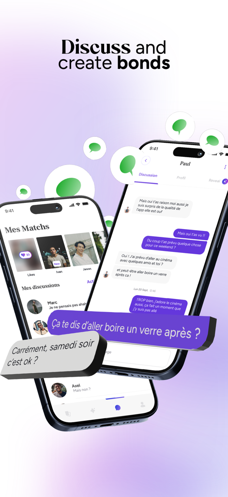 Reveeld - Dating LGBTQ+ - Dos iPhones mostrando la pantalla de chat y la lista de parejas de la aplicación de citas LGBTQ+ Reveeld con el titular 'Discute y crea vínculos'.