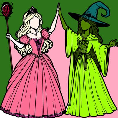 detailed realistic split of a princess and a witch