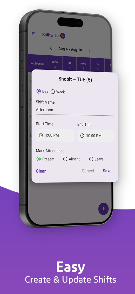 Interfaz de la aplicación Shiftwise que muestra cómo crear y actualizar turnos de empleados con opciones de hora de inicio, hora de fin y marcado de asistencia.