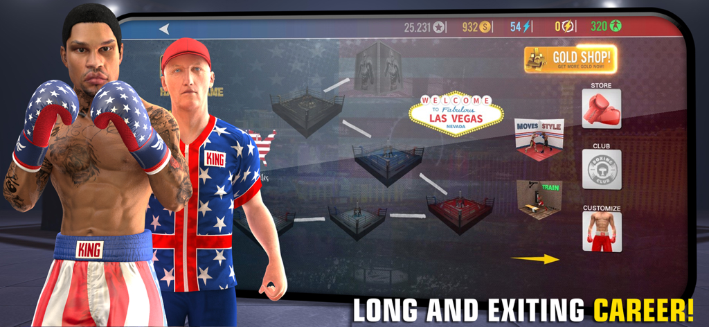 Boxing - Fighting Clash - Menú del modo carrera en Boxing Fighting Clash con un boxeador y un mapa de progresión por Las Vegas