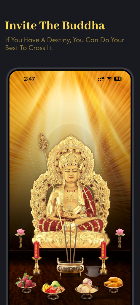 BuddhaLink - Una pantalla de la aplicación BuddhaLink que muestra una estatua de Buda dorada en un altar digital con ofrendas virtuales que incluyen velas de incienso y fruta