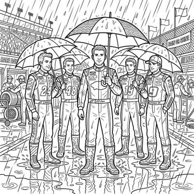 Experience the excitement of a NASCAR race day, rain or shine, with this dynamic coloring page featuring five determined drivers. Grab your favorite coloring tools and bring this action-packed rainy scene to vibrant life.