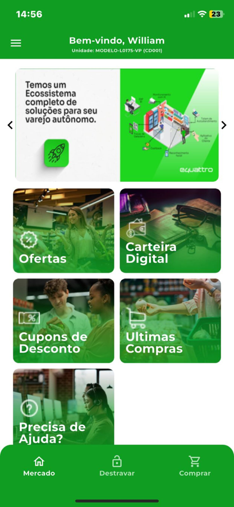 MercadoApp | E4 Go - Main interface of the MercadoApp E4 Go autonomous retail app showing the user dashboard and shopping tools.