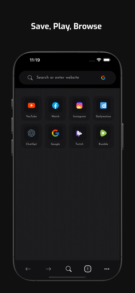 VdoTube - No ads in video - VdoTube mobile browser home screen in dark mode featuring a search bar and shortcuts to popular video platforms like YouTube and Twitch