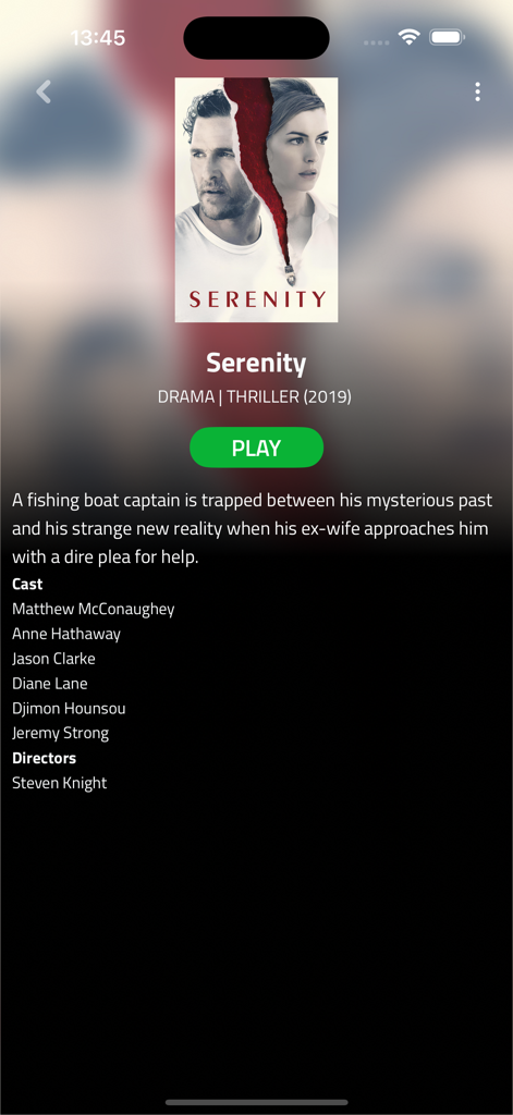 Christmas Plus - Movie details page for Serenity on the Christmas Plus streaming app showing the cast and play button