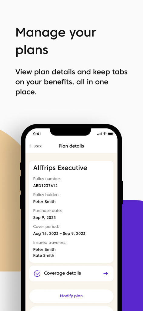 Allyz mobile app screen showing travel insurance plan details and policy benefits