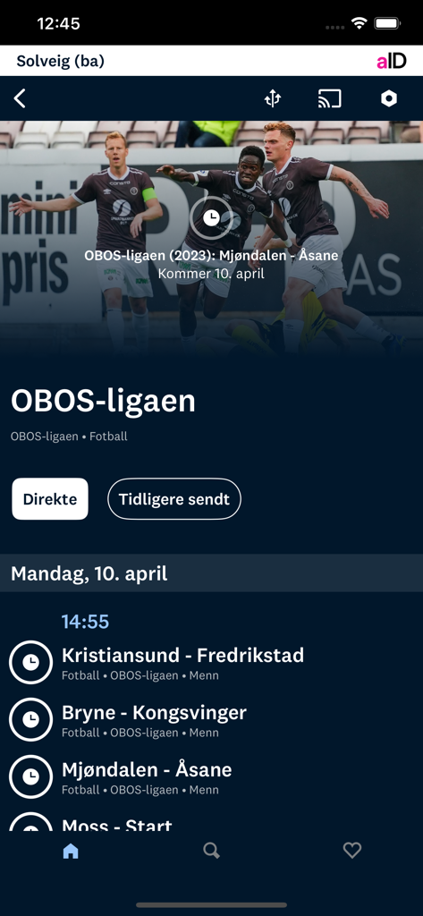 Direktesport - Direktesport app interface showing Norwegian soccer match schedule