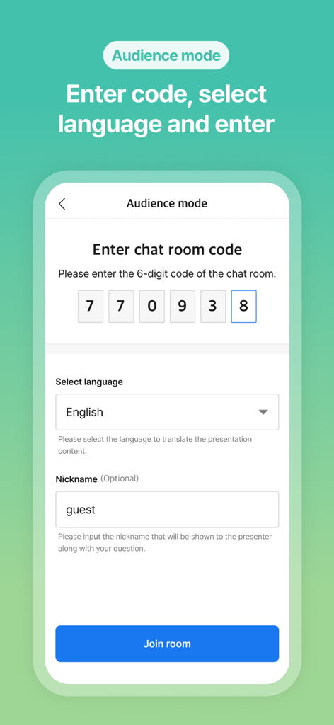 Flitto Live Translation app Audience mode interface showing the enter chat room code and language selection screen