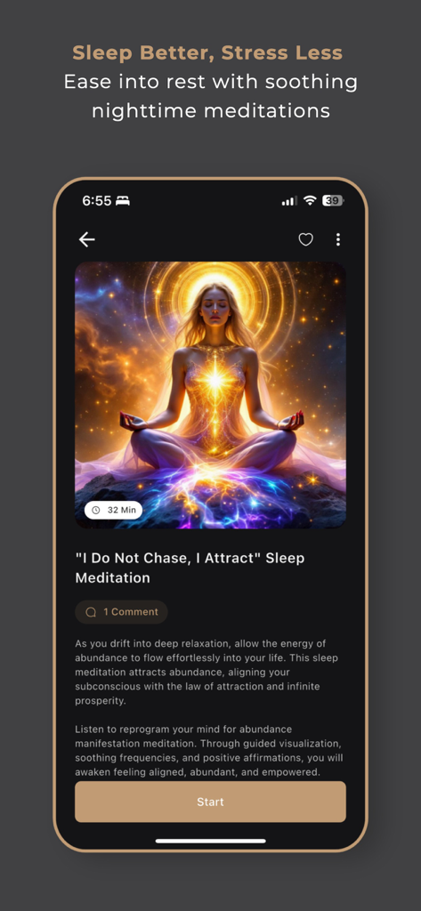 Pura Rasa - Guided sleep meditation screen in the Pura Rasa app titled I Do Not Chase I Attract