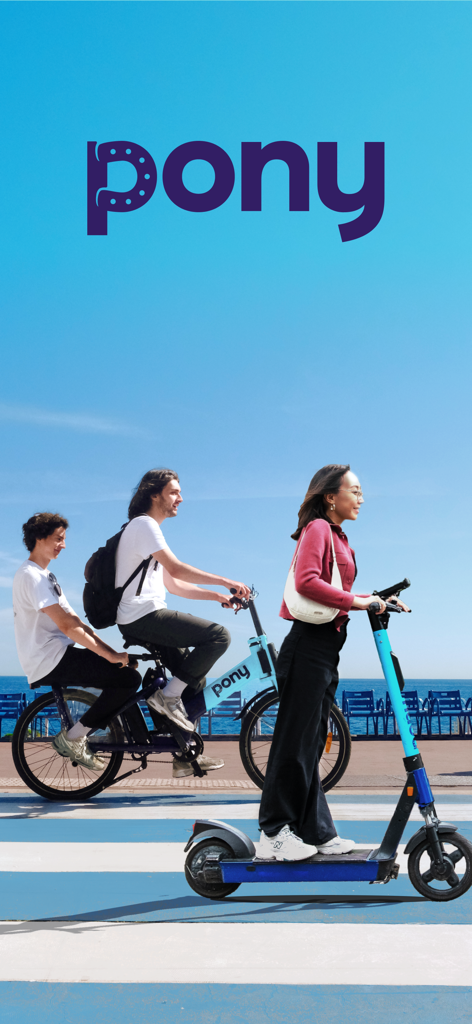 Users riding Pony electric bikes and scooters in a sunny coastal city