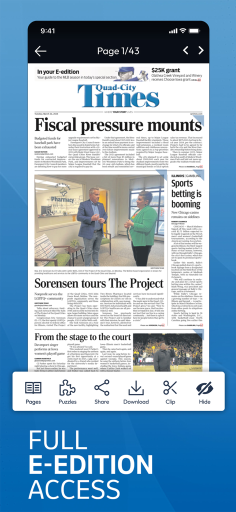 QCTimes - Screenshot of the QCTimes mobile app displaying full access to the digital e-edition of the newspaper.