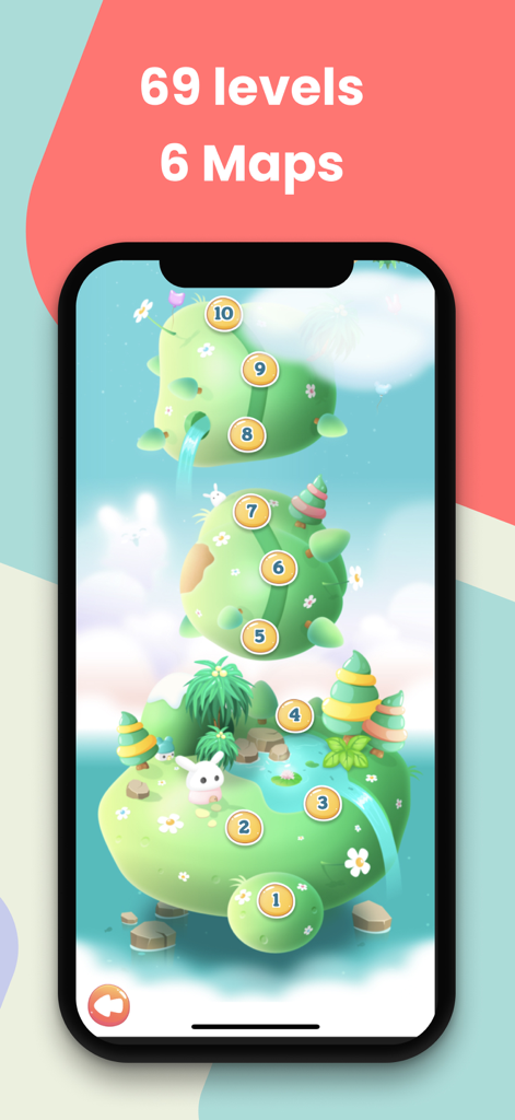 Kidoku – Kids Sudoku Puzzle - Kidoku App Level-Auswahlbildschirm mit einer verspielten Karte mit schwebenden Inseln und nummerierten Rätseln für Kinder