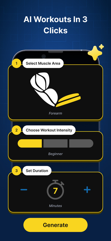 P4P Armify: Arm Workout - Captura de pantalla de la app Armify que muestra tres pasos para generar un entrenamiento de brazos con IA seleccionando el área muscular, la intensidad y la duración.