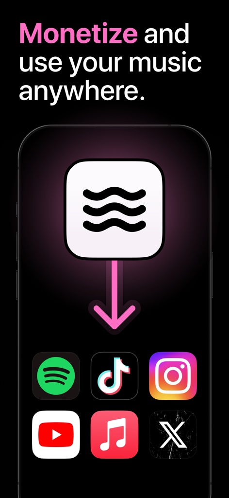 Spotify、TikTok、Instagramなどのプラットフォームへの音楽収益化と共有オプションを紹介するスマートフォンの画面