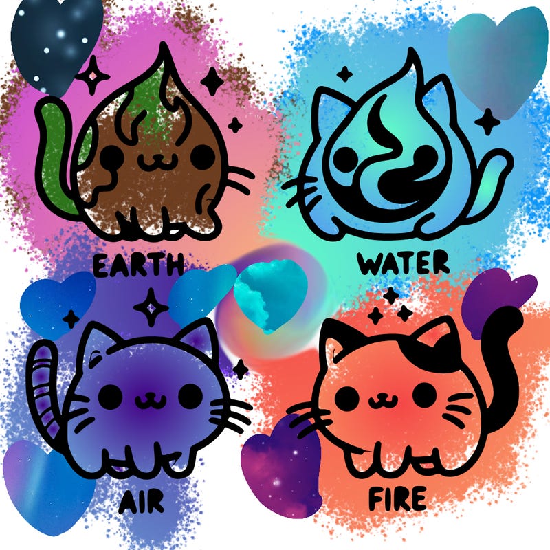 4 cats that represent the different elements, earth, water, air, and fire