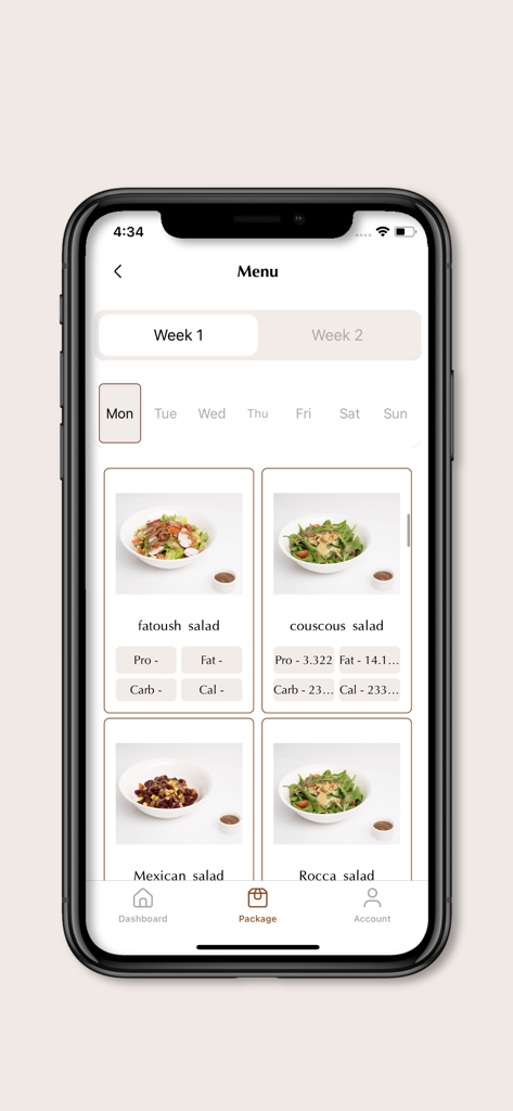 Nutreeze - Nutreeze app interface showing a healthy meal menu with salad options and nutritional facts for a diet plan.