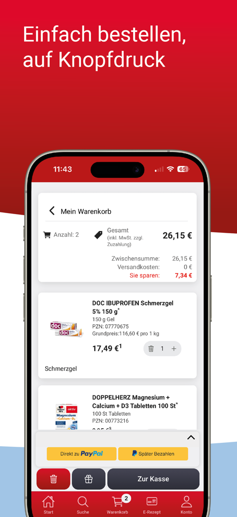 Mediherz App-Warenkorb-Bildschirm mit Medizinprodukten wie Ibuprofengel und Magnesiumpräparaten mit Checkout-Optionen