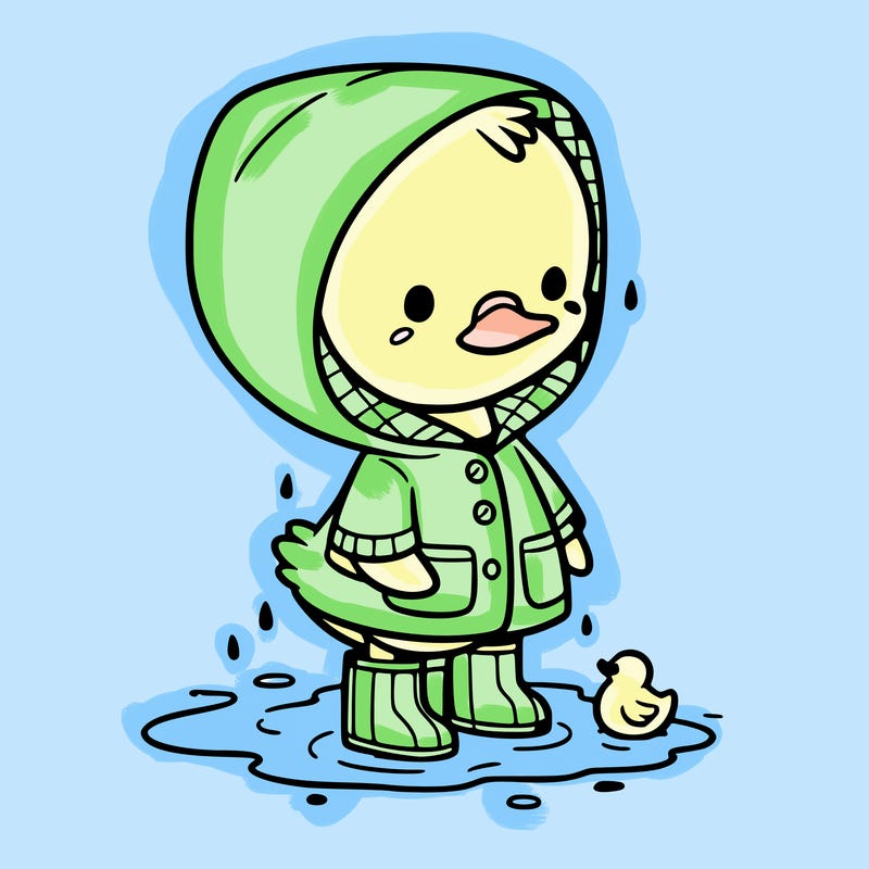 baby duck in a rain coat and boots, in a puddle while it’s raining
