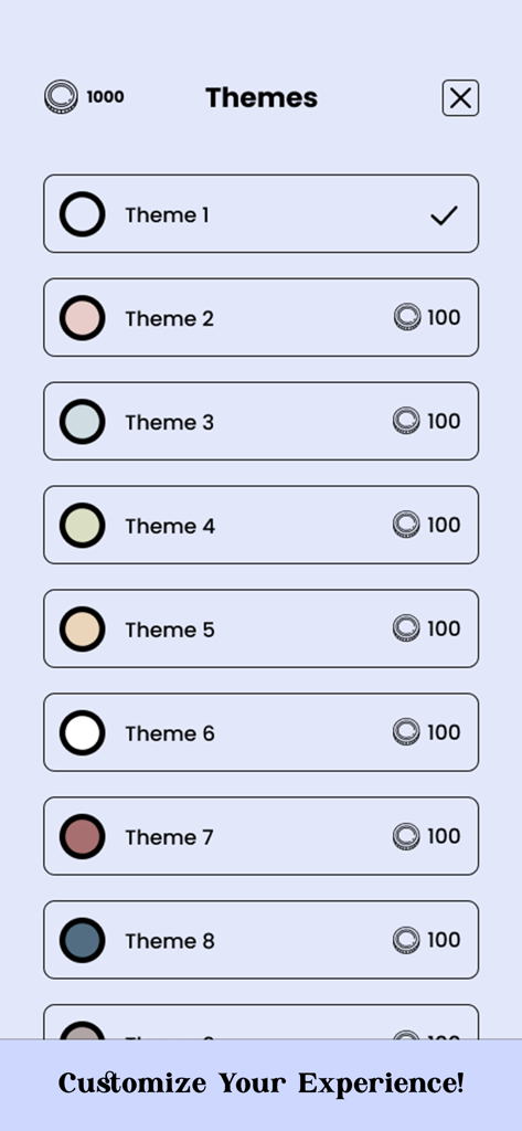 Word Search - Super Hard - Menú de selección de temas en la aplicación móvil Word Search Super Hard, mostrando varias opciones de personalización de color.