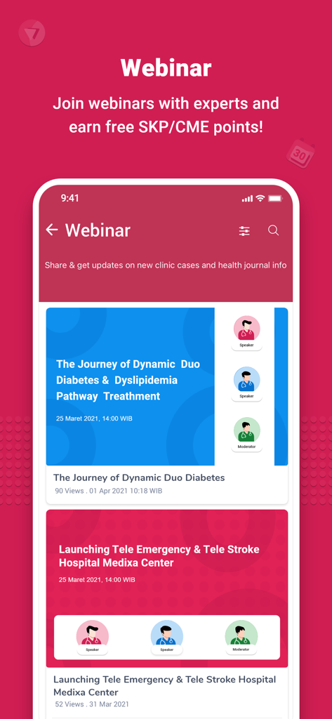 D2D (Doctor to Doctor) - A list of medical webinars in the D2D app for doctors to earn CME points and professional updates.