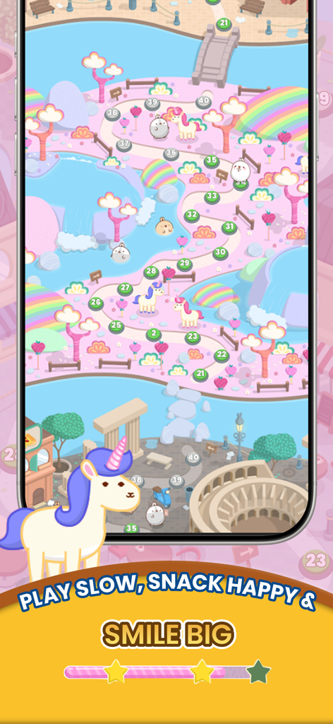 Molang Match'n Munch - Level map of Molang Match and Munch featuring a cute unicorn and kawaii landscapes
