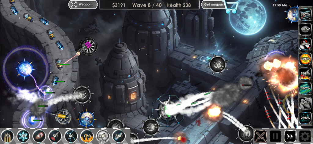 Strike Zone Galaxy Siege - Action-packed gameplay screenshot of Strike Zone Galaxy Siege featuring futuristic towers and space combat