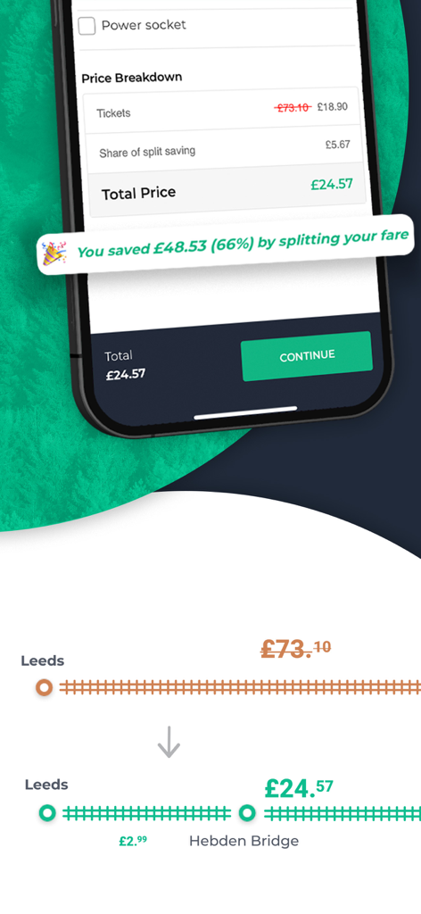 Split My Fare - Train Tickets - Split My Fare app screen showing a price breakdown and savings on a UK train ticket