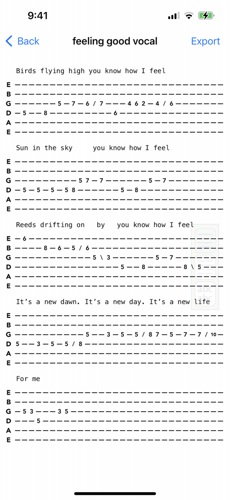Guitar Tab Maker - Mobile interface of Guitar Tab Maker showing a song transcription with lyrics and fret numbers