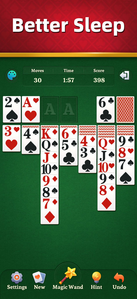 Zen Card: Classic Solitaire - Interfaz del juego Solitario Clásico con cartas grandes fáciles de leer y un mensaje de 'Mejor Sueño' para la relajación.