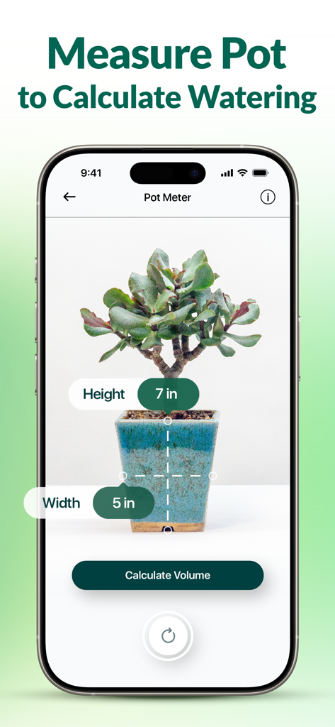 Smartphone-Bildschirm zeigt die Plantum App beim Messen eines Pflanzentopfs zur Berechnung des Gießvolumens.