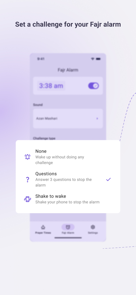 Interface showing Fajr alarm challenge options like answering questions or shaking the phone to stop the alarm