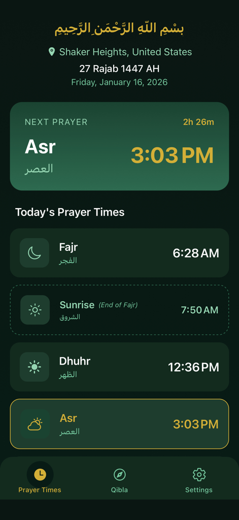 Le tableau de bord de l'application Athan affichant les horaires de prière quotidiens et un compte à rebours jusqu'à la prochaine prière.