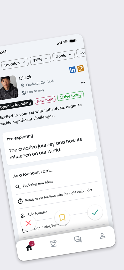 CoffeeSpace: Connect & Build - A user profile on the CoffeeSpace app showing professional goals and cofounder matching details.