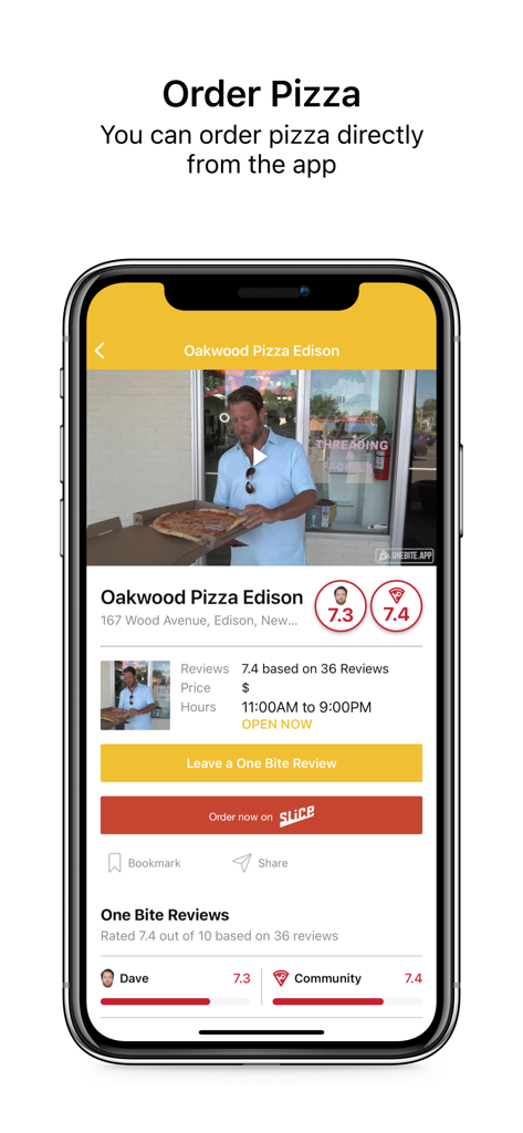 One Bite by Barstool Sports - Screenshot dell'app One Bite che mostra il profilo di una pizzeria con punteggi di recensione e un pulsante per ordinare tramite Slice.