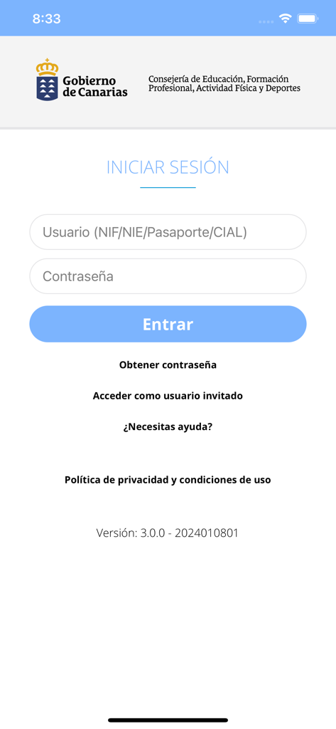 Pincel Alumnado y Familias - Pantalla de inicio de sesión de la aplicación Pincel Alumnado y Familias para el sistema educativo de Canarias